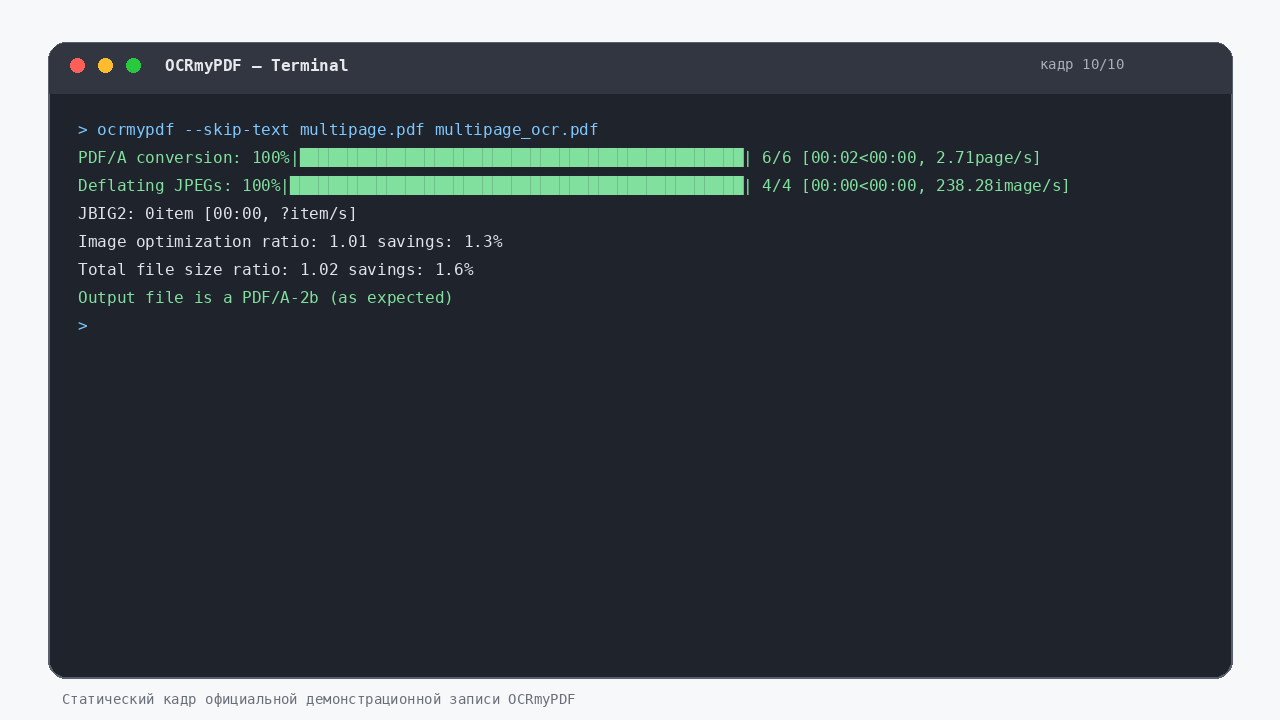 Завершённая обработка OCRmyPDF с отчётом о размере