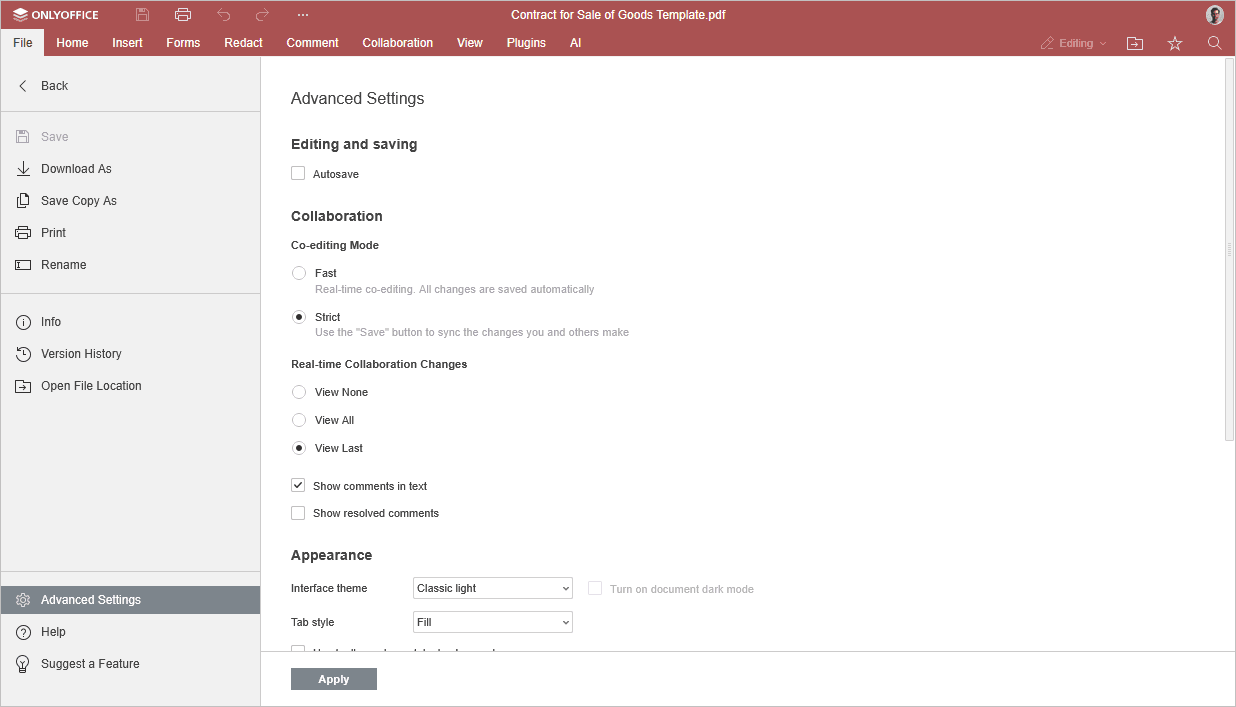 Интерфейс ONLYOFFICE Desktop Editors