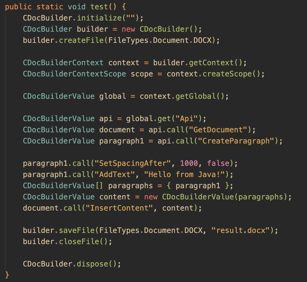 Пример Java-кода с CDocBuilder и объектами контекста