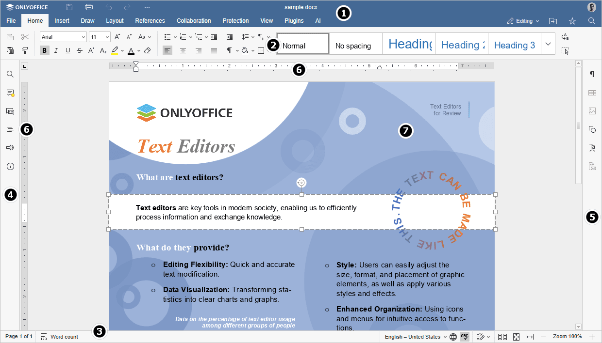 Рабочее окно редактора документов ONLYOFFICE Document Server