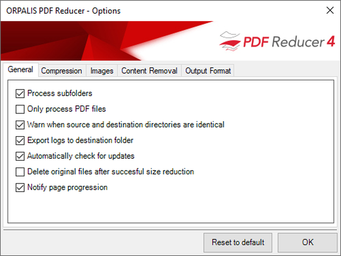 Вкладка General в настройках ORPALIS PDF Reducer