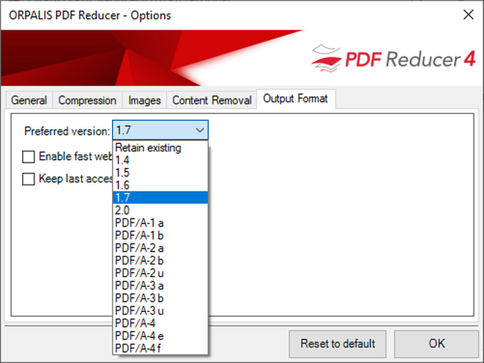 Вкладка Output Format со списком версий PDF и PDF/A