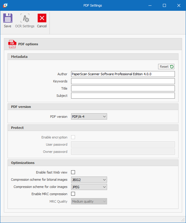 Параметры PDF, PDF/A, защиты и сжатия