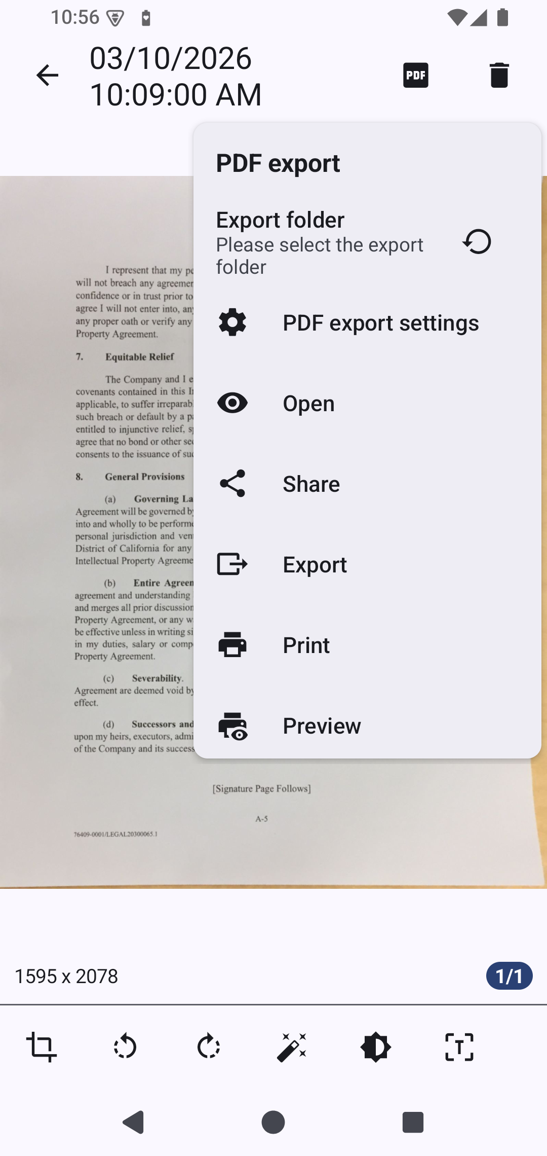 Меню PDF с настройками, открытием, отправкой, экспортом и печатью