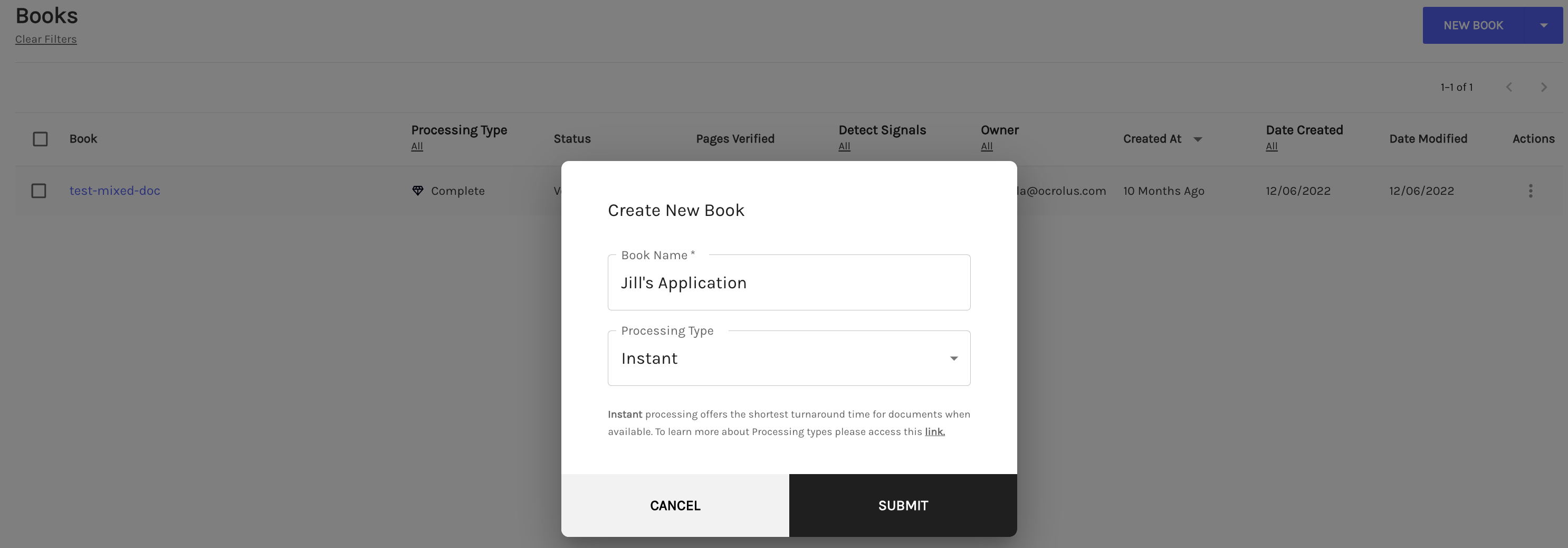 Создание новой книги Ocrolus и выбор типа обработки