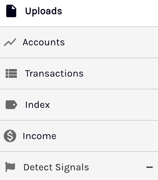 Разделы Uploads, Accounts, Transactions, Index, Income и Detect Signals