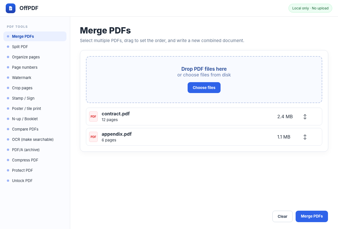 Интерфейс OffPDF: Объединение PDF в заданном порядке