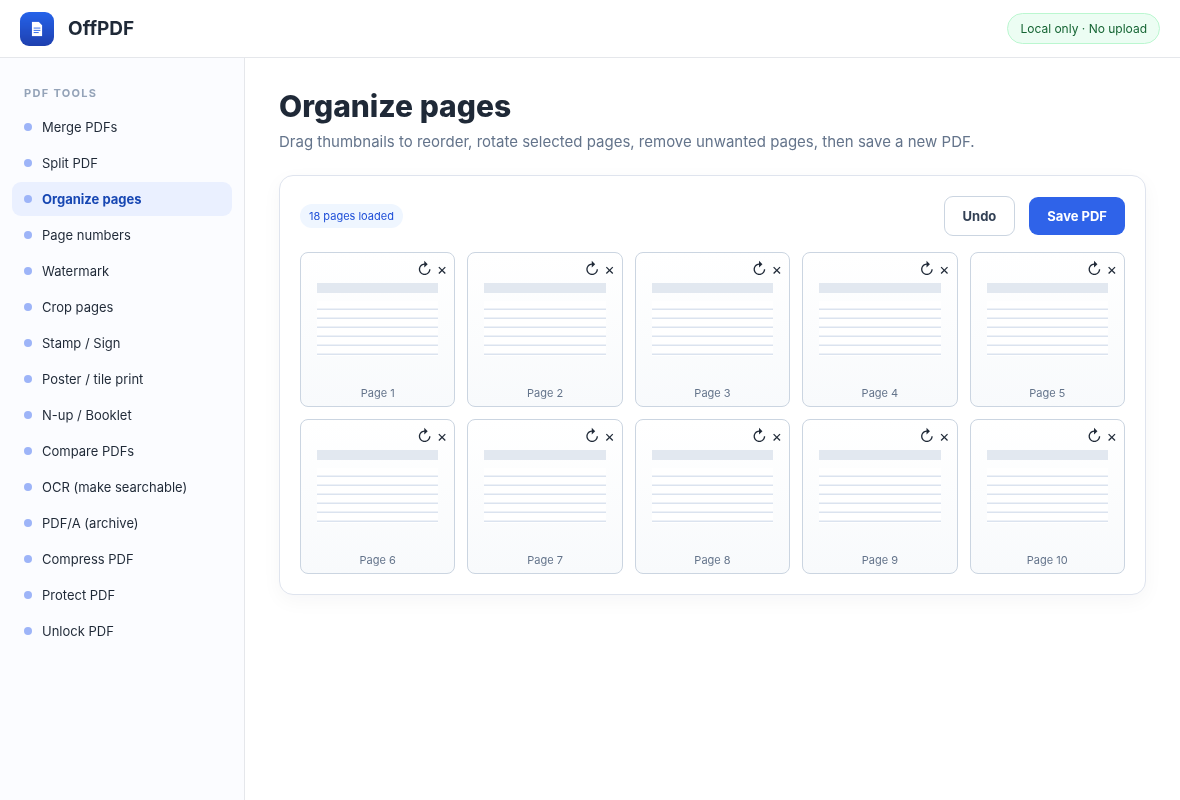 Интерфейс OffPDF: Перестановка, поворот и удаление страниц