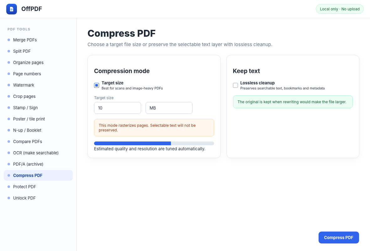 Интерфейс OffPDF: Два режима уменьшения размера