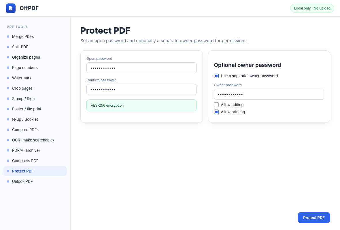 Интерфейс OffPDF: Пароль и AES-256