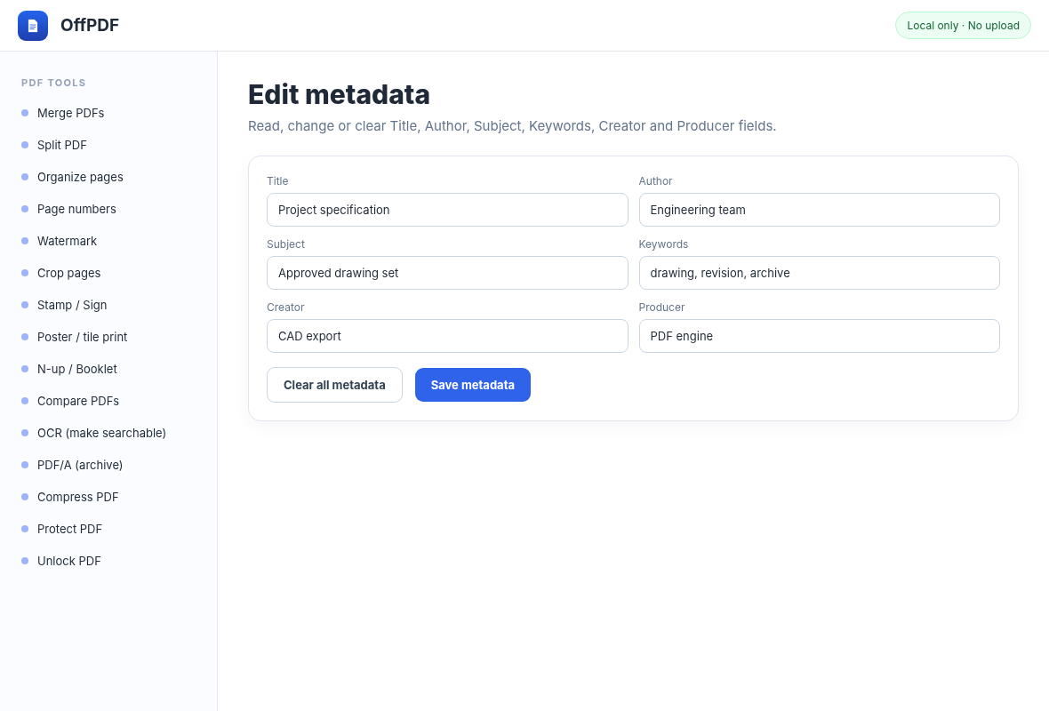 Интерфейс OffPDF: Метаданные и санитарная очистка