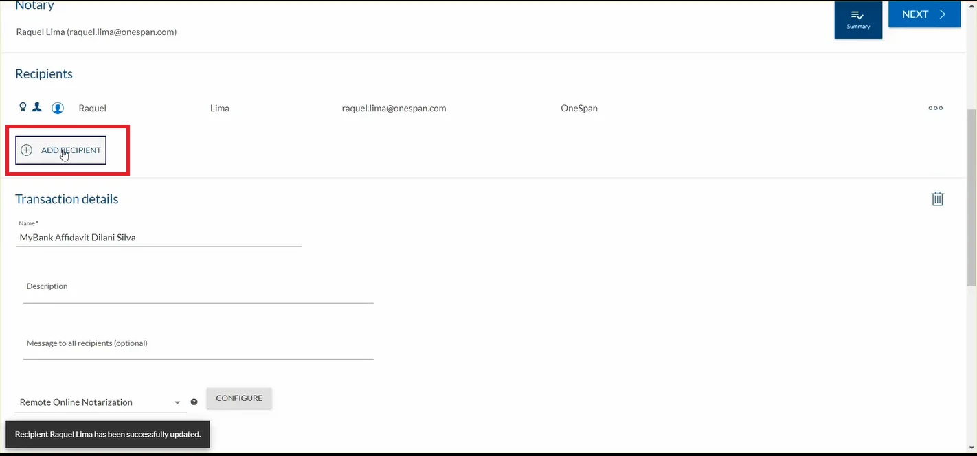 Добавление получателя в OneSpan Sign