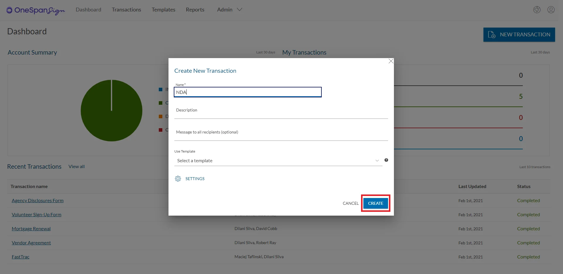 Диалог создания новой транзакции OneSpan Sign