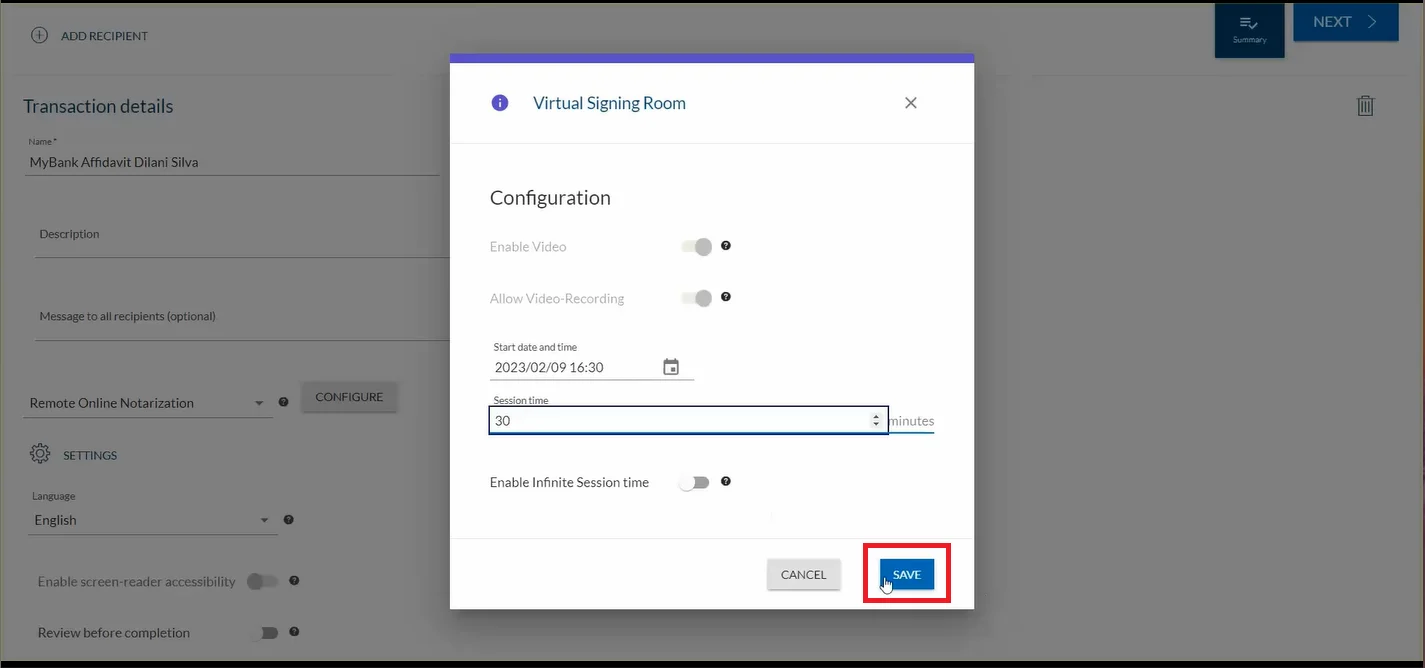 Настройки виртуальной комнаты OneSpan Sign