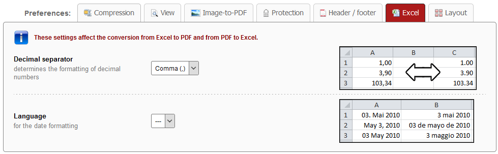 Online2PDF: настройки десятичного разделителя и языка дат Excel