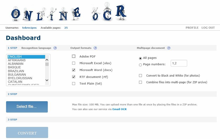 Панель учётной записи OnlineOCR.net с языками, форматами и многостраничными настройками