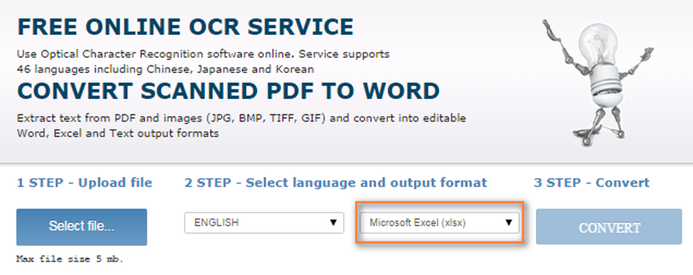 Выбор формата Microsoft Excel в форме OnlineOCR.net