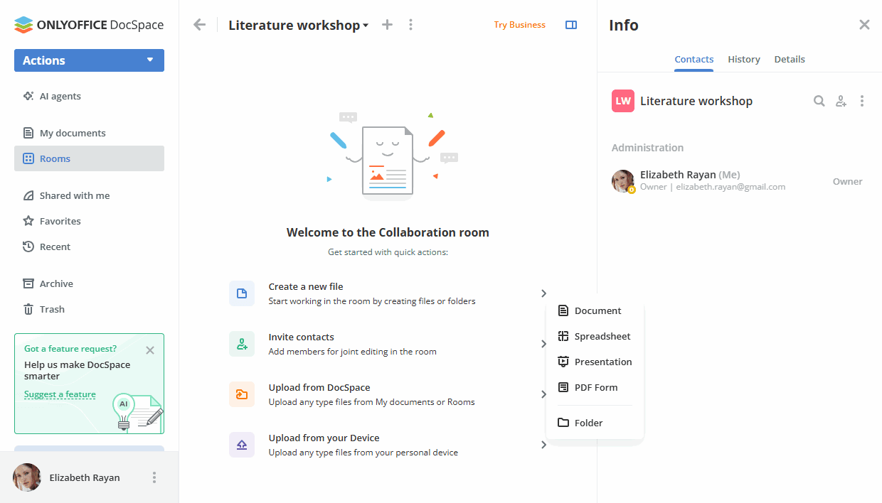 Действия в комнате совместной работы