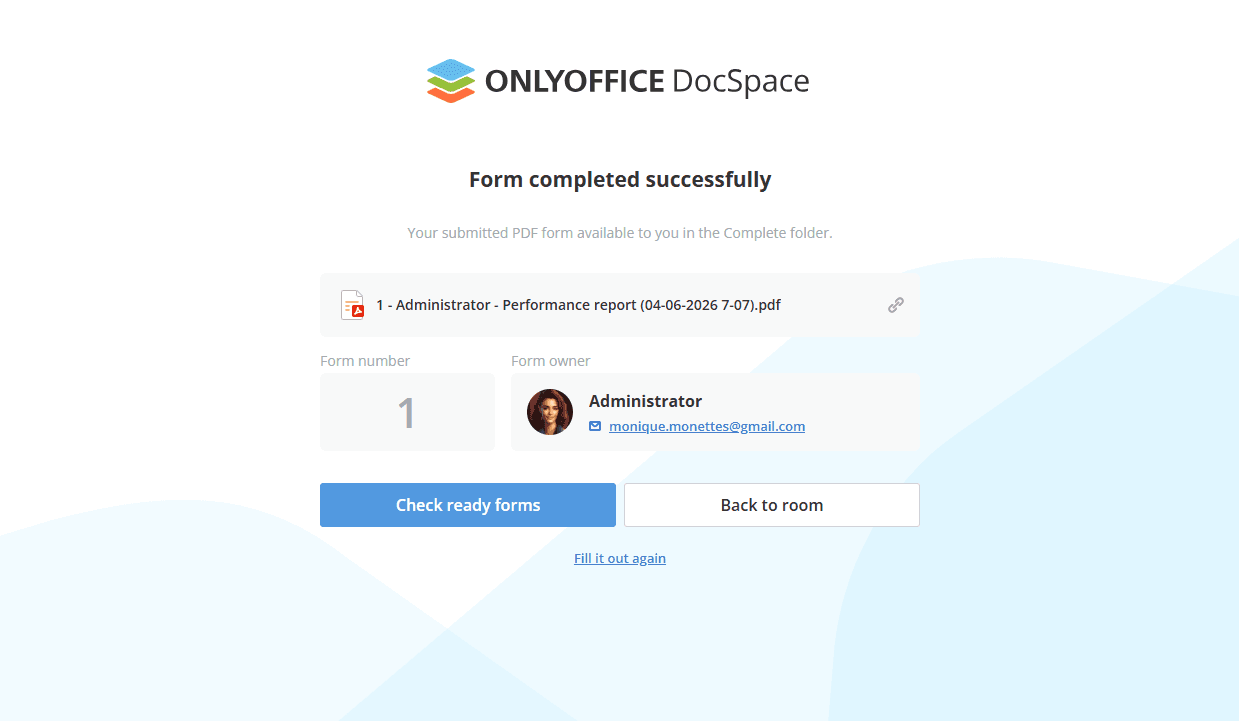 Подтверждение успешной отправки PDF-формы
