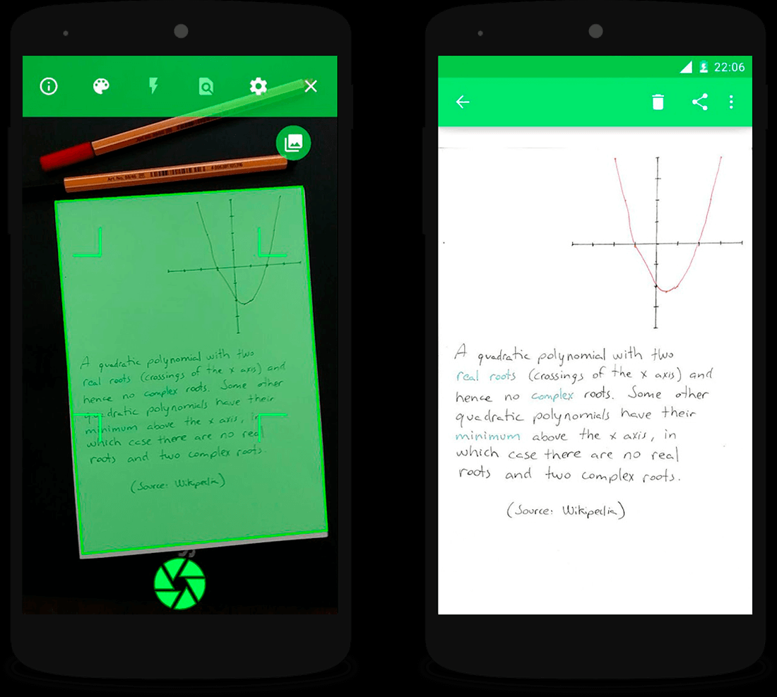 Съёмка рукописной страницы и результат коррекции перспективы в Open Note Scanner