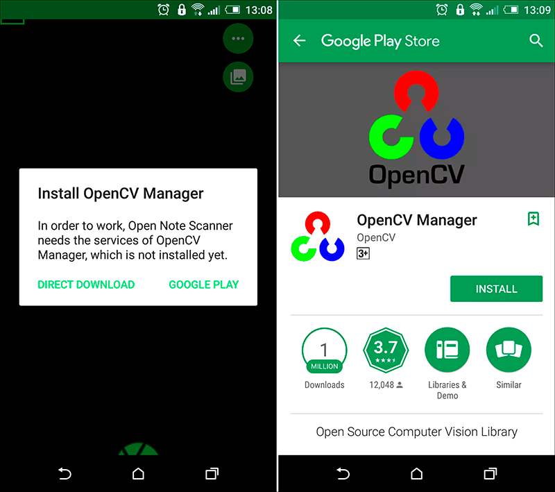 Запрос Open Note Scanner на установку компонента OpenCV Manager