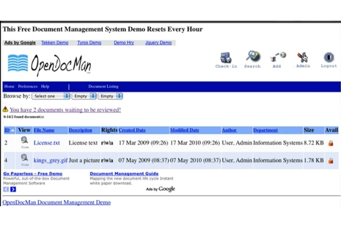 Демонстрационный список документов OpenDocMan с быстрым просмотром