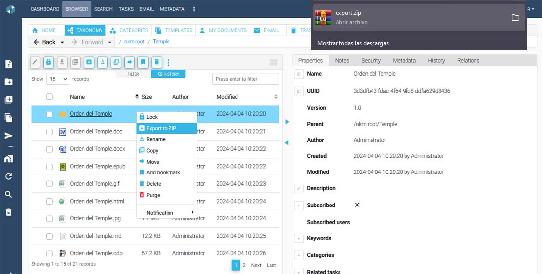 Контекстное меню OpenKM с экспортом папки в ZIP