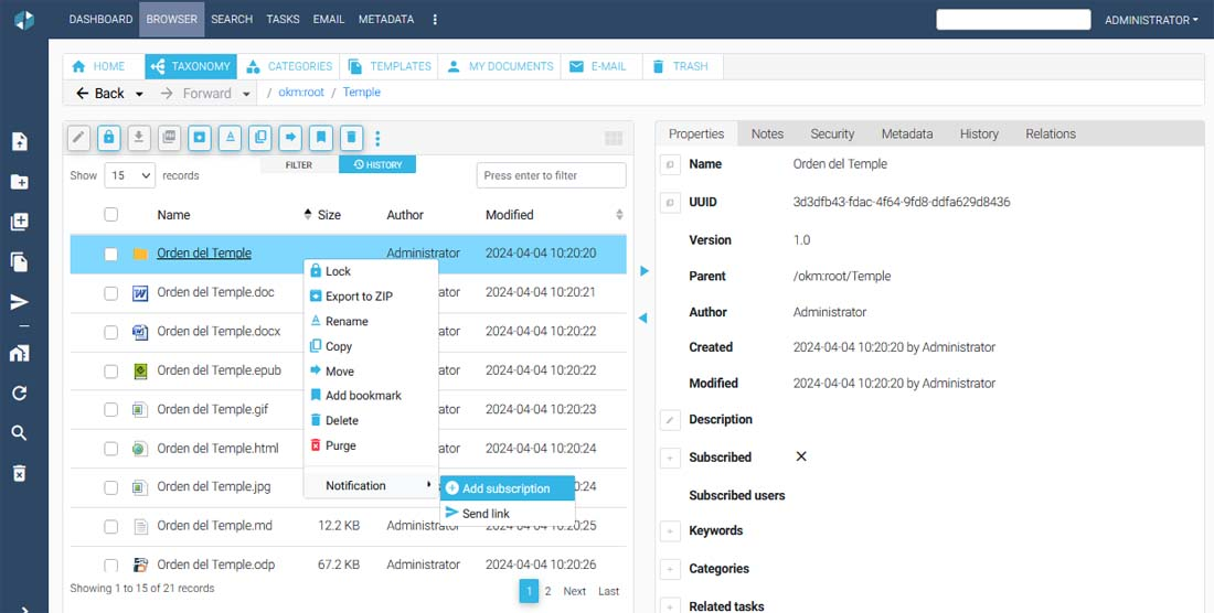 Контекстное меню подписки на изменения документа OpenKM