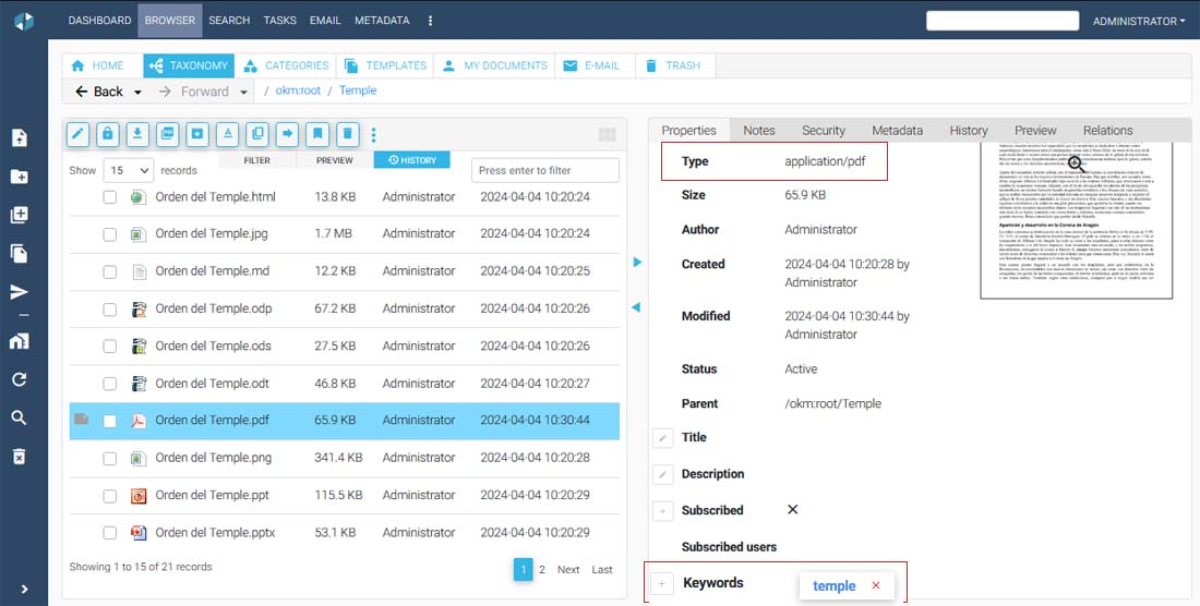 Свойства PDF в OpenKM с предпросмотром и ключевым словом