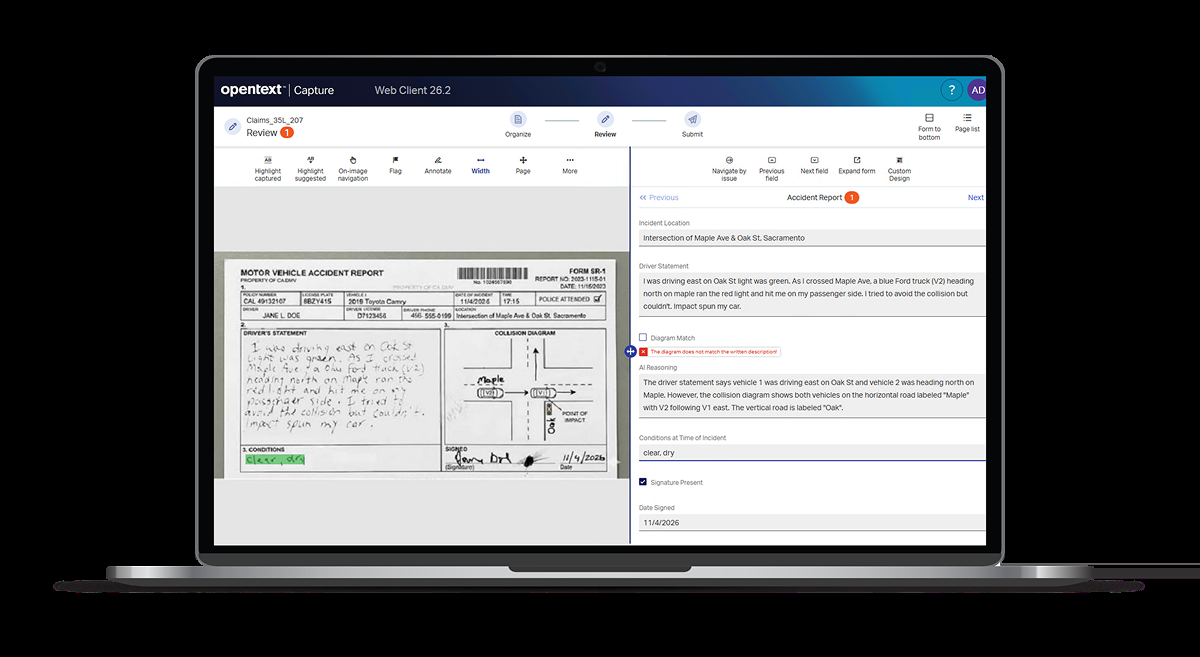 OpenText Capture Aviator в выпуске 26.2 обрабатывает сложный документ