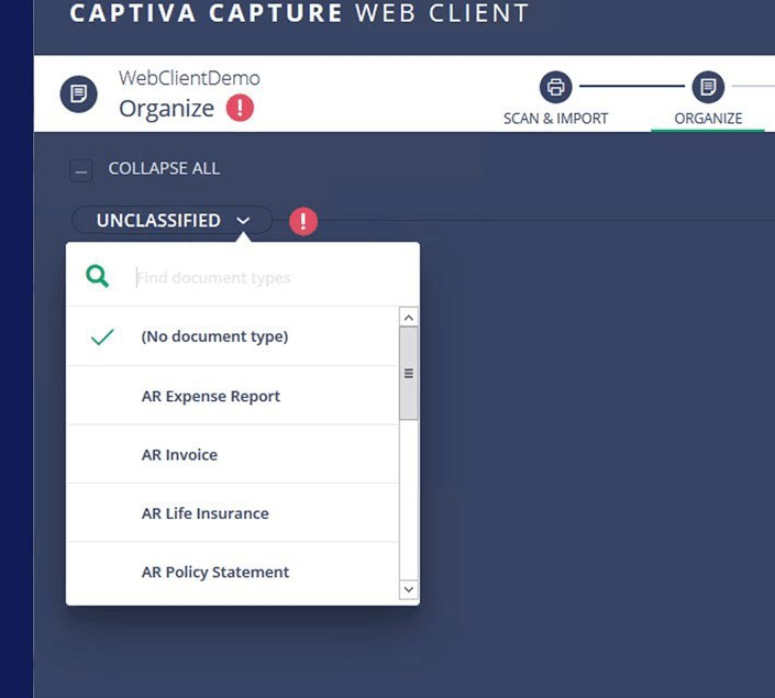 Выбор типа документа в Captiva Capture Web Client