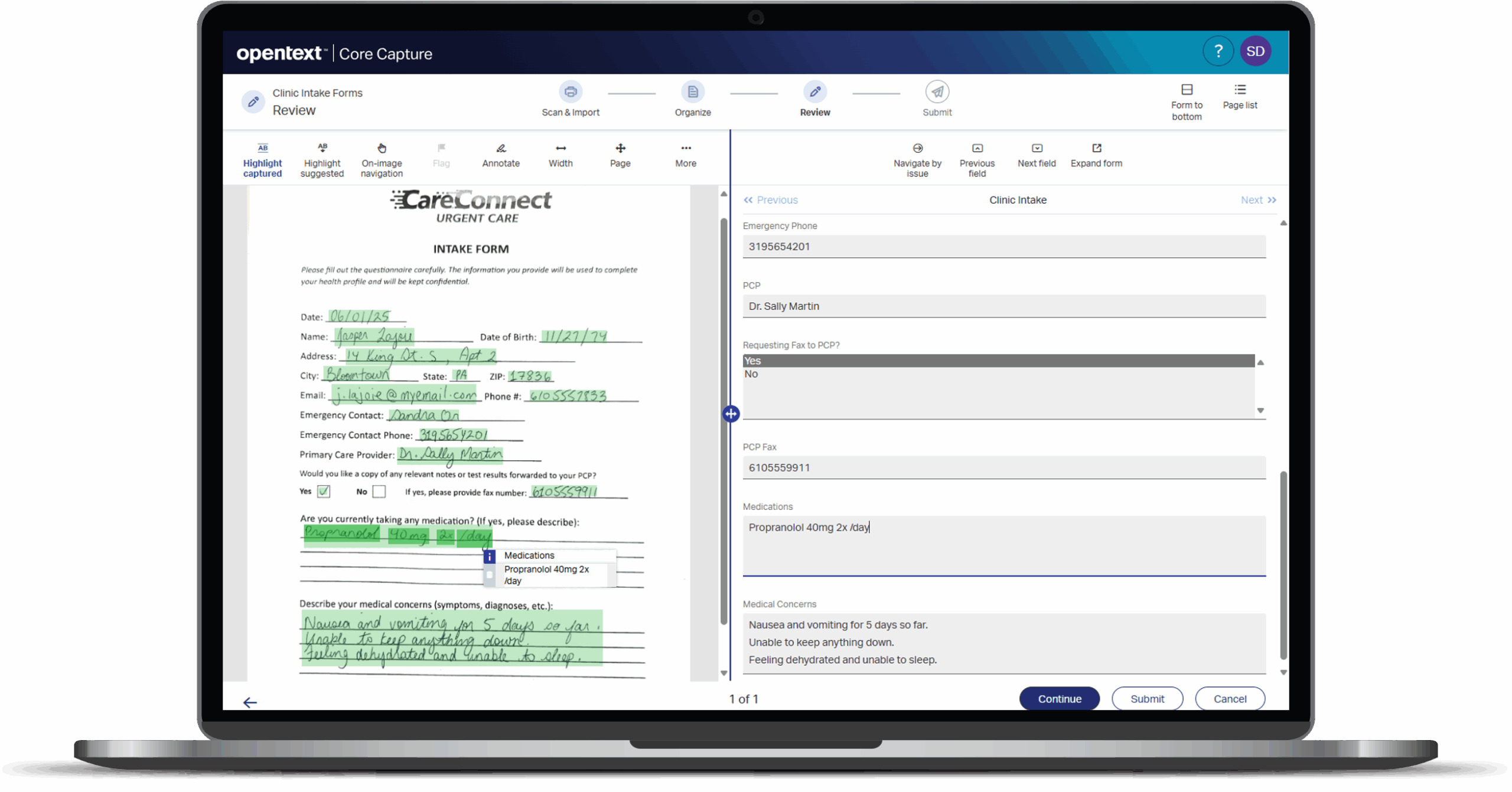 Проверка распознанной рукописной анкеты в OpenText Core Capture