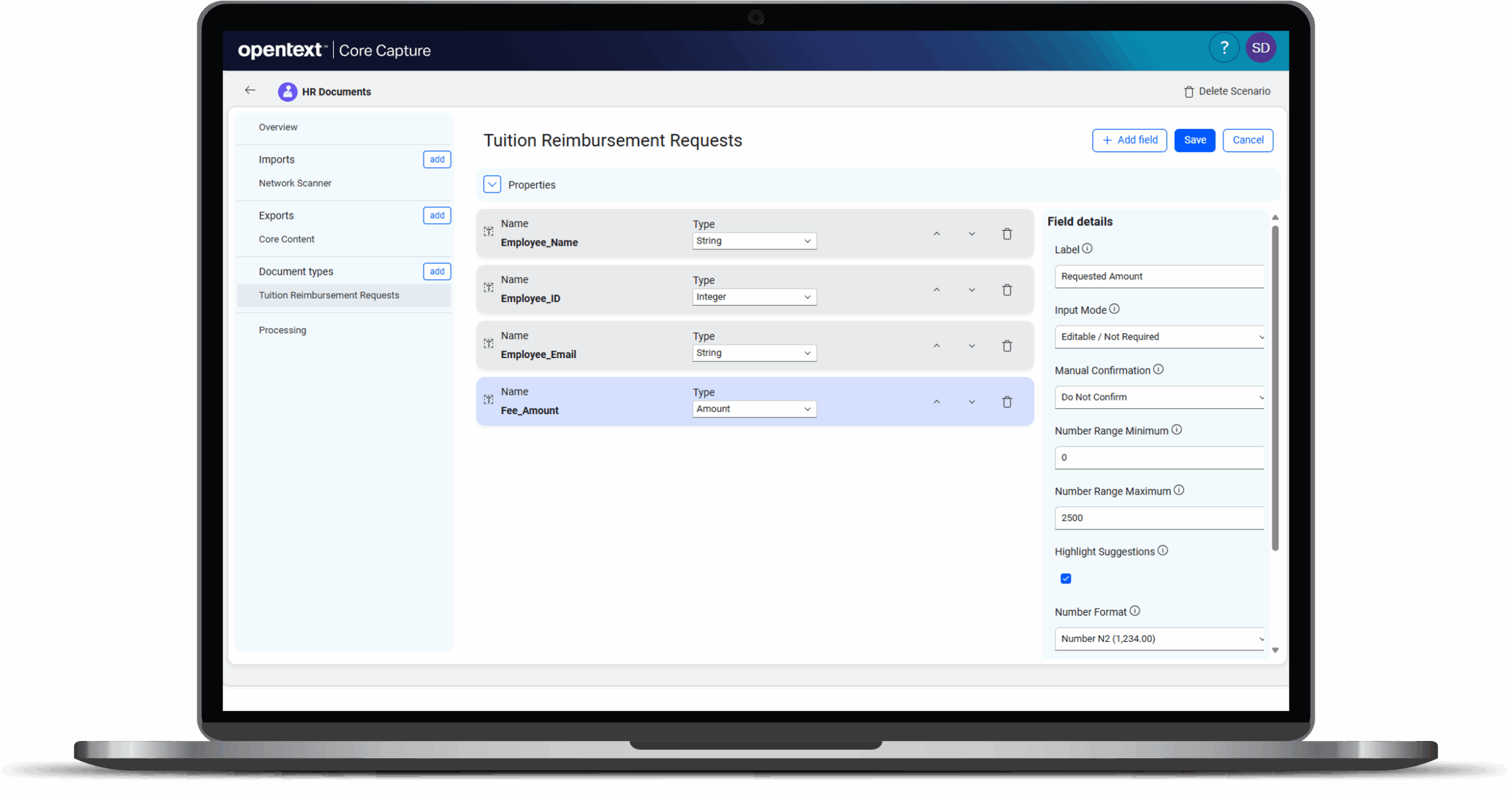 Раздел Imports и Network Scanner в веб-дизайнере OpenText Core Capture