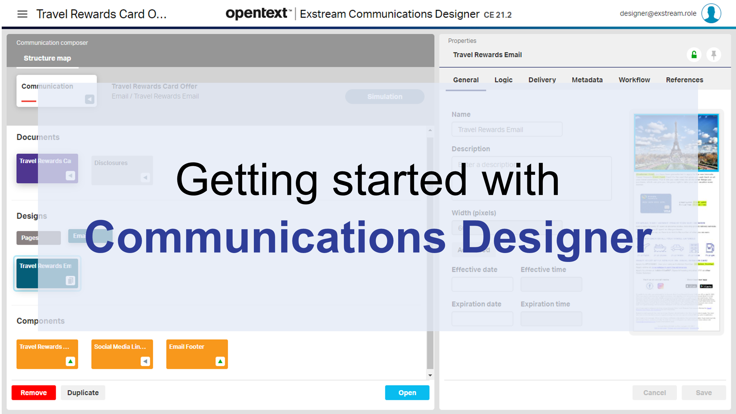 Начальный экран и навигация в OpenText Exstream Designer