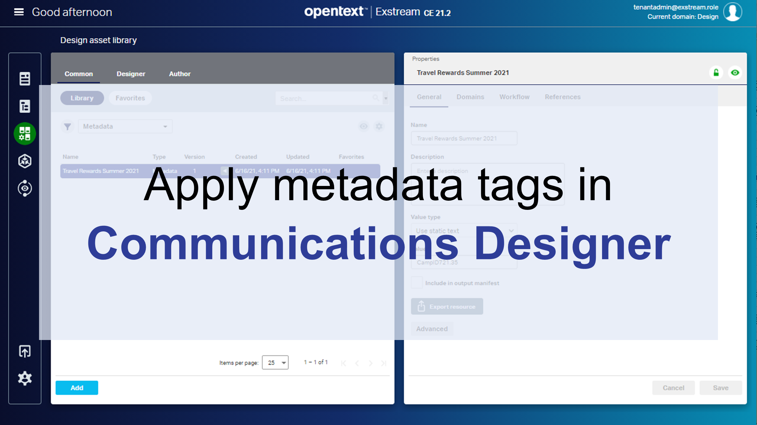 Панель метаданных и тегов в OpenText Exstream