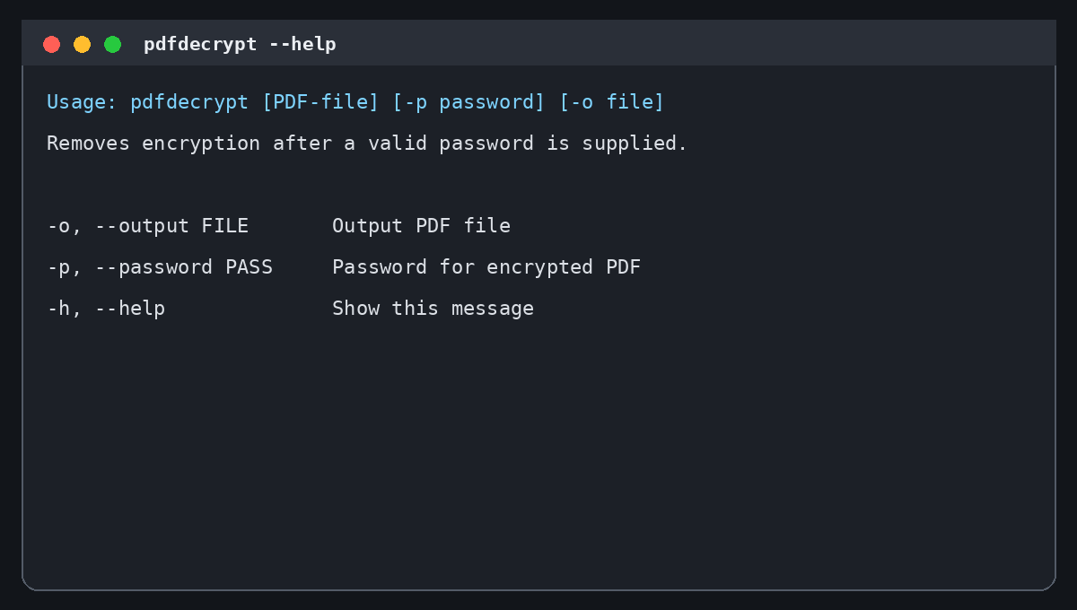 Параметры снятия шифрования pdfdecrypt