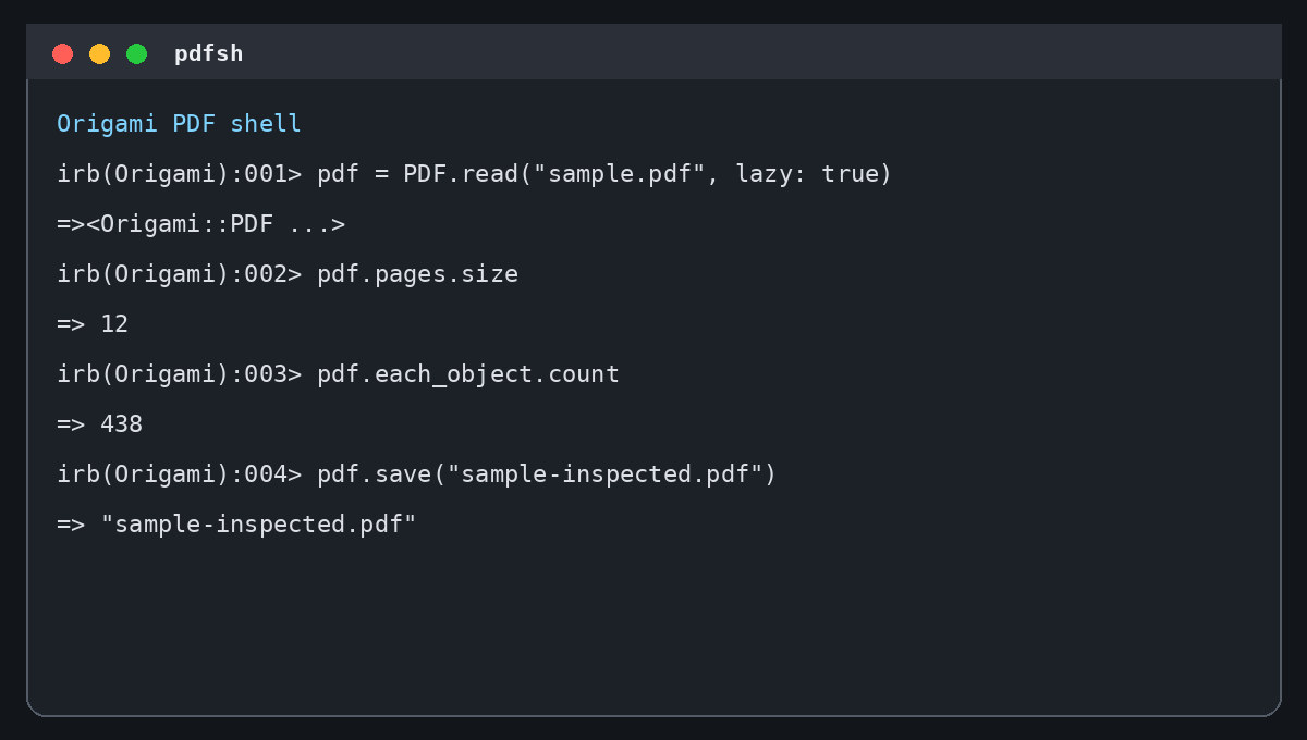 Пример работы в интерактивной оболочке pdfsh