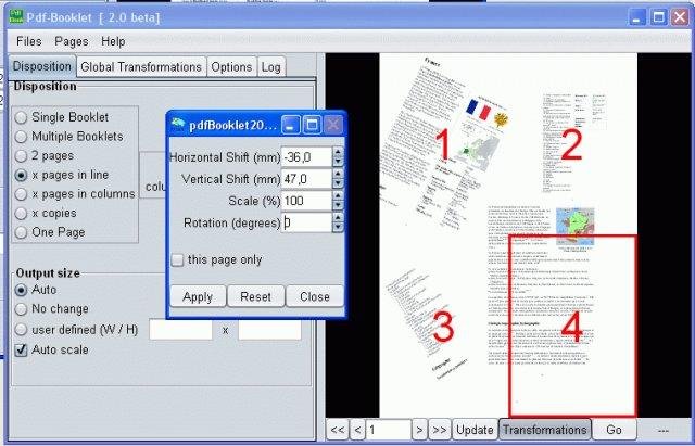 Предварительный просмотр PDF Booklet с выделенной страницей и окном трансформации