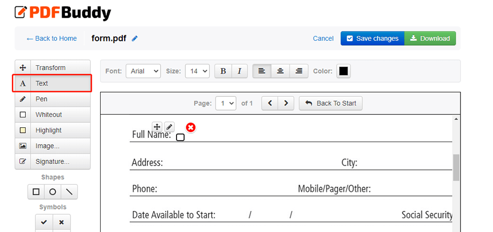 Заполнение PDF-формы в PDF Buddy с выбранным инструментом Text и параметрами шрифта