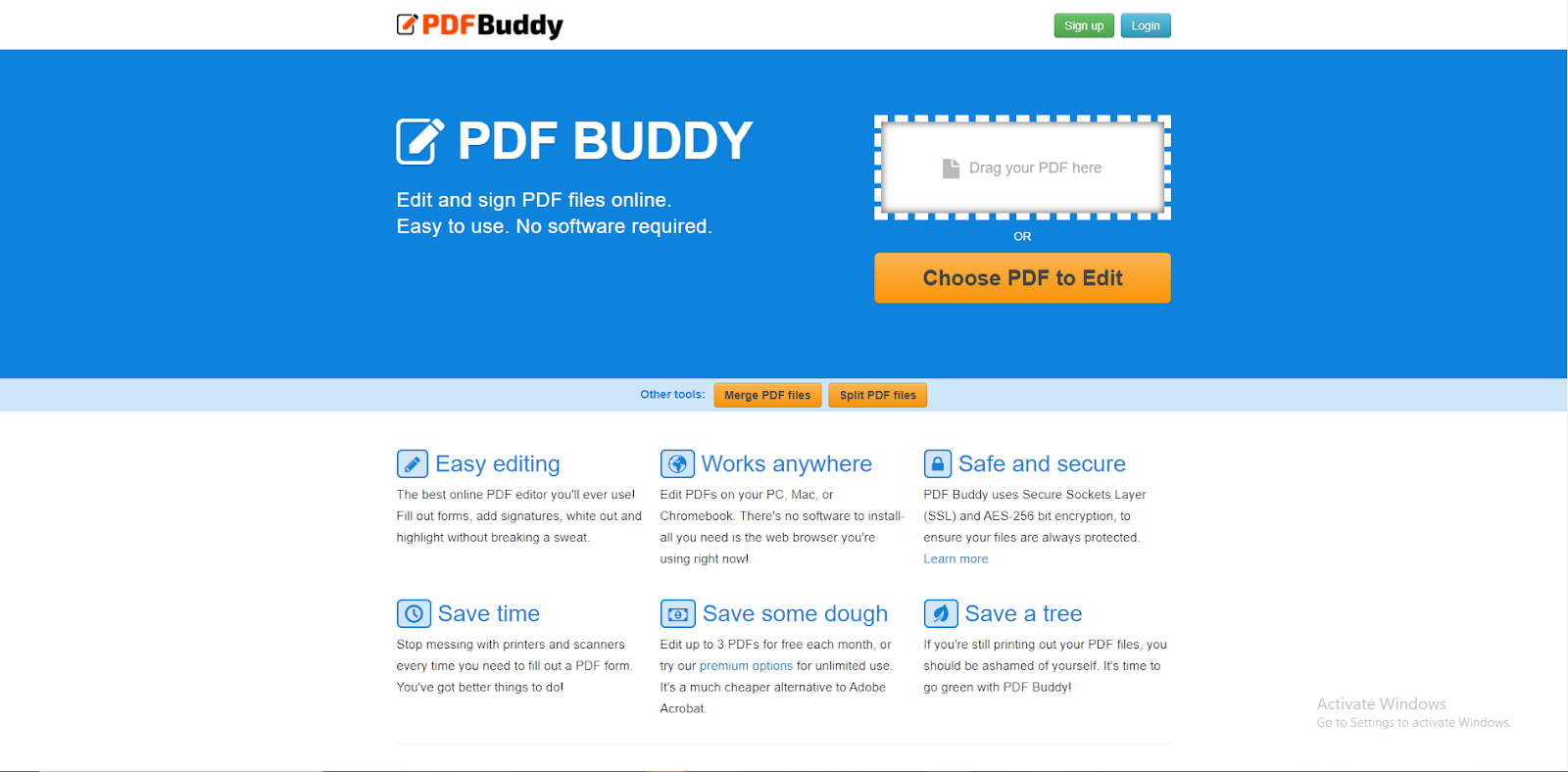 Главная страница PDF Buddy с областью перетаскивания файла и кнопкой выбора PDF