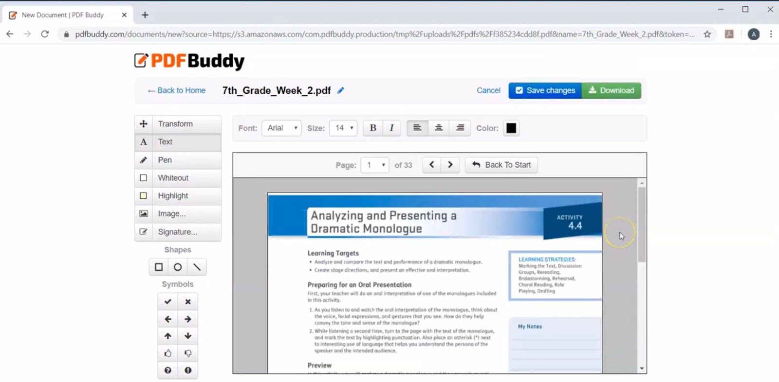 Редактор PDF Buddy с многостраничным учебным документом и контекстной панелью текста
