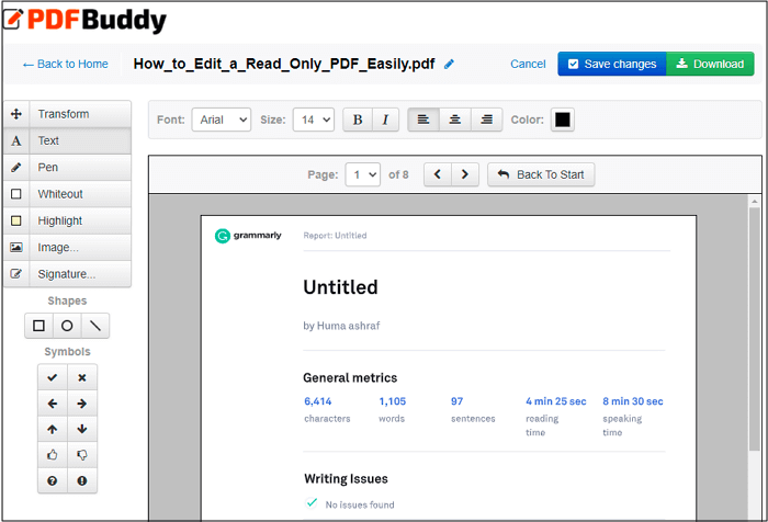 Панель инструментов PDF Buddy с Text, Pen, Whiteout, Highlight, Image, Signature, фигурами и символами