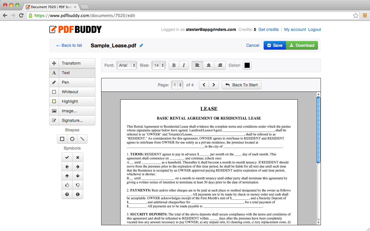 Официальный скриншот редактора PDF Buddy с арендным договором, панелью инструментов и кнопками сохранения