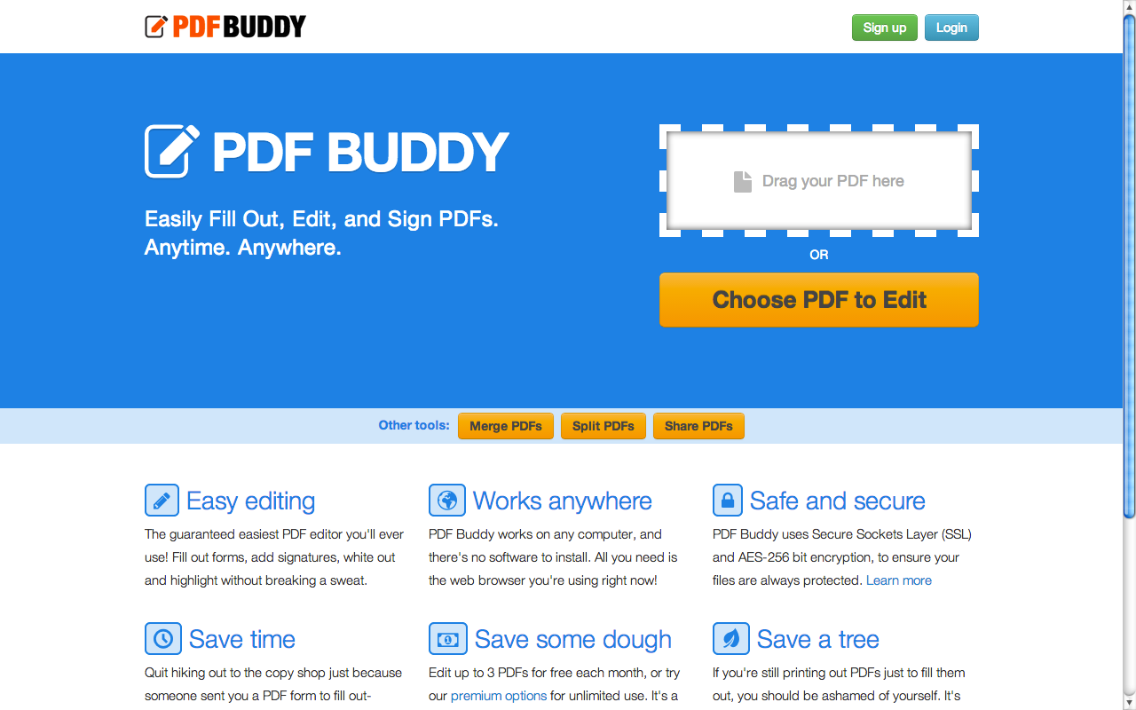 Домашний экран PDF Buddy с выбором PDF и отдельными инструментами объединения, разделения и публикации