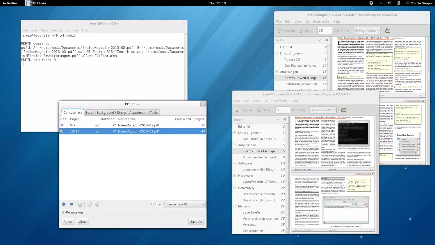 PDF Chain в Linux рядом с терминалом и просмотрщиками PDF