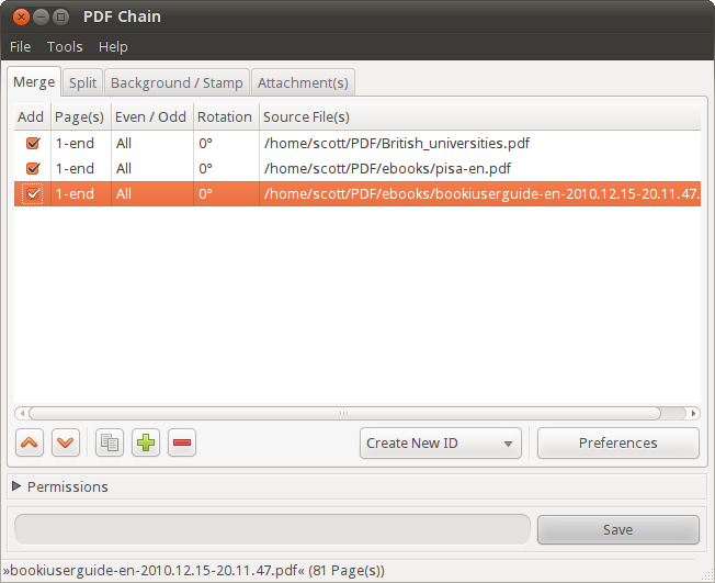 Ранний интерфейс Merge PDF Chain в Ubuntu