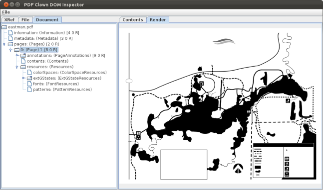 PDF Clown Document Inspector: дерево документа и вкладка Render