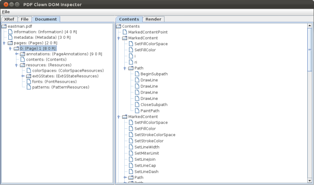 PDF Clown Document Inspector: команды потока Contents