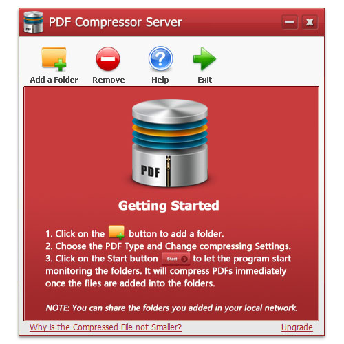 Начальный экран PDF Compressor Server с кнопками Add a Folder, Remove, Help и Exit