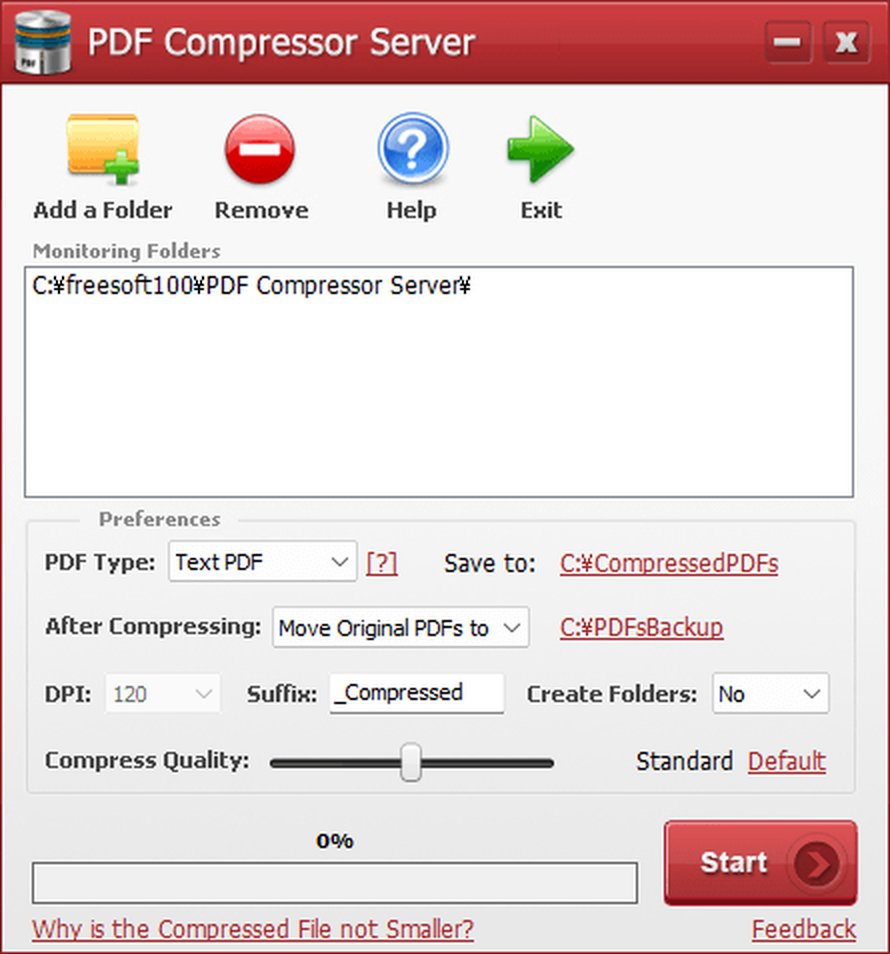 Окно PDF Compressor Server с добавленной папкой и настройками Save to